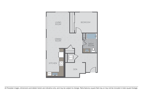 Floor plan for 1 bed, 1 bath, 894 sqft