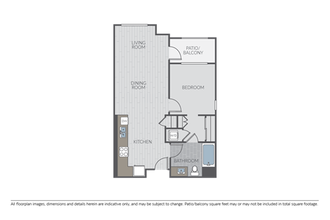 Floor plan for 1 bed, 1 bath, 797 sqft