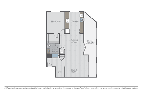 Floor plan for 1 bed, 1 bath, 1069 sqft