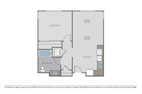 Floor plan for 1 bed, 1 bath, 709 sqft