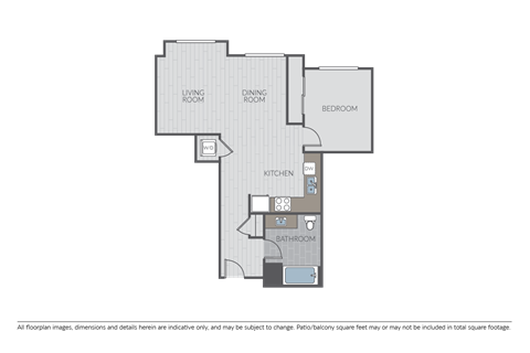 Floor plan for 1 bed, 1 bath, 713 sqft