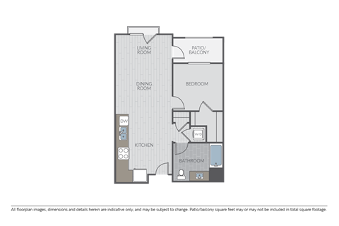 Floor plan for 1 bed, 1 bath, 722 sqft