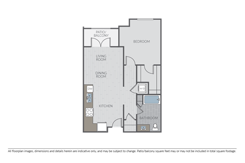 Floor plan for 1 bed, 1 bath, 722 sqft