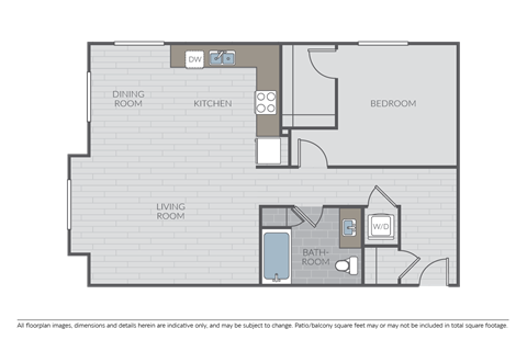 Floor plan for 1 bed, 1 bath, 895 sqft