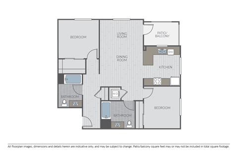 Floor plan for 2 beds, 2 baths, 1101 sqft