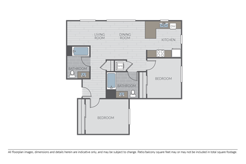 Floor plan for 2 beds, 2 baths, 1047 sqft