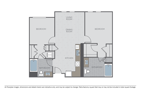 Floor plan for 2 beds, 2 baths, 1050 sqft