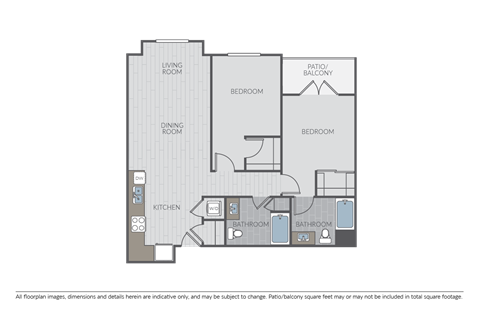 Floor plan for 2 beds, 2 baths, 1053 sqft