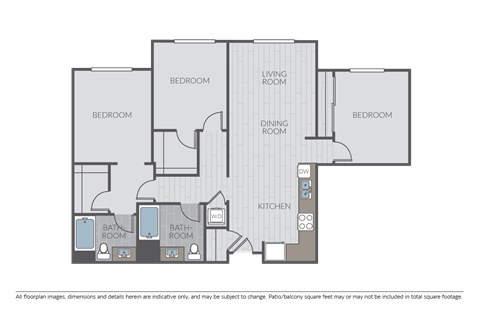 Floor plan for 3 beds, 2 baths, 1342 sqft