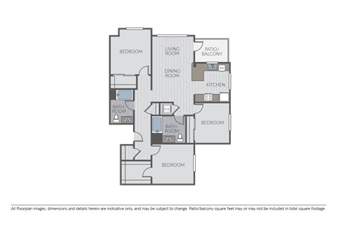 Floor plan for 3 beds, 2 baths, 1349 sqft