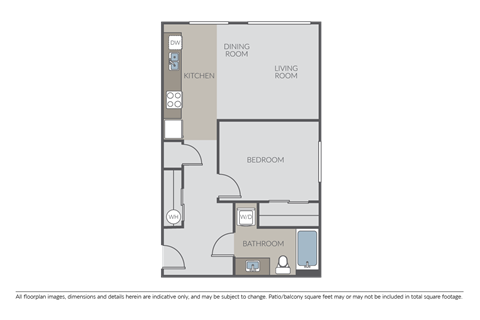 Floor plan for 1 bed, 1 bath, 595 sqft