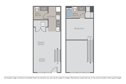 Floor plan for 1 bed, 1.5 baths, 766 sqft