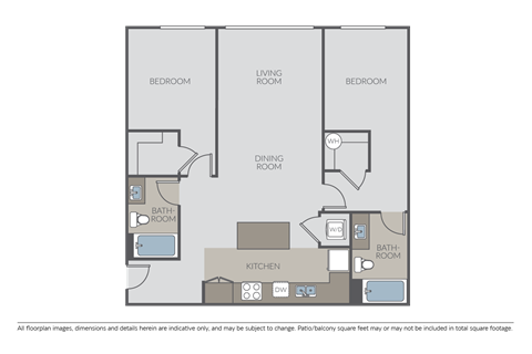 Floor plan for 2 beds, 2 baths, 985 sqft
