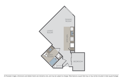 Floor plan for 1 bed, 1 bath, 615 sqft
