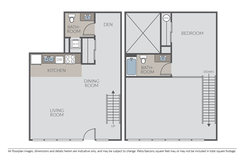 Floor plan for 1 bed, 1.5 baths, 943 sqft