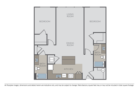 Floor plan for 2 beds, 2 baths, 1050 sqft