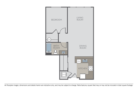 Floor plan for 1 bed, 1 bath, 688 sqft
