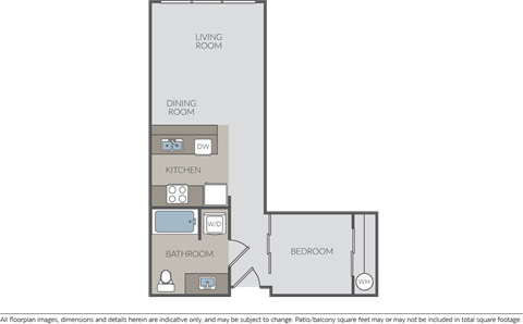 Floor plan for 1 bed, 1 bath, 488 sqft
