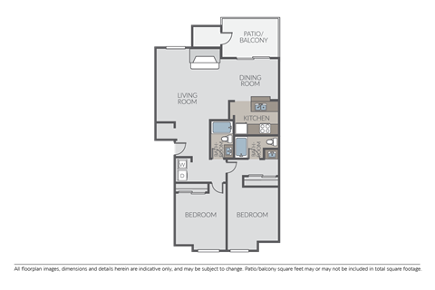 Floor plan for 2 beds, 2 baths, 1000 sqft