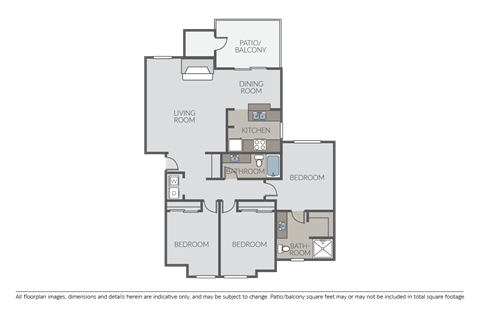 Floor plan for 3 beds, 2 baths, 1109 sqft