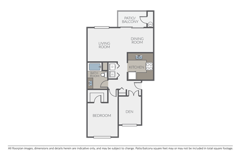 Floor plan for 1 bed, 1 bath, 860 sqft