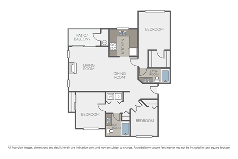 Floor plan for 3 beds, 2 baths, 1173 sqft