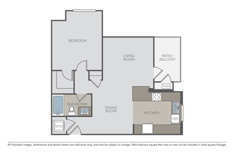 Floor plan for 1 bed, 1 bath, 736 sqft