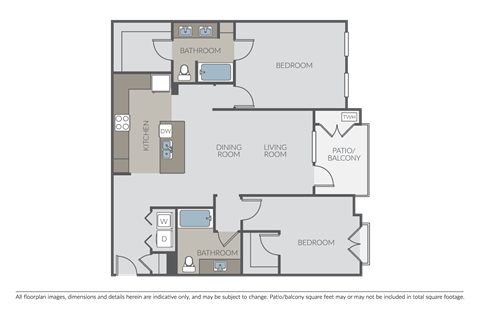 Floor plan for 2 beds, 2 baths, 1234 sqft