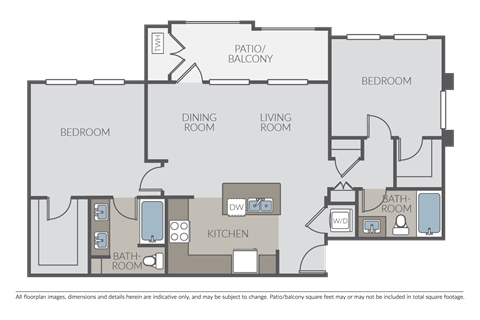 Floor plan for 2 beds, 2 baths, 1051 sqft