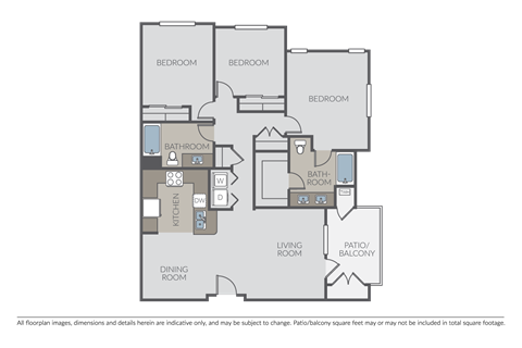 Floor plan for 3 beds, 2 baths, 1344 sqft