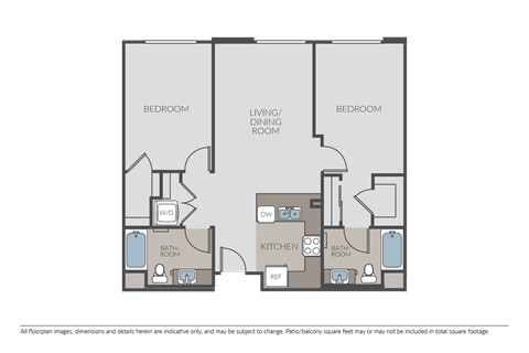 Floor plan for 2 beds, 2 baths, 1040 sqft