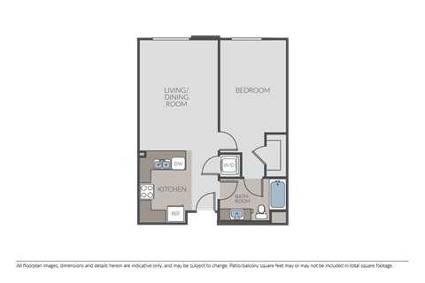 Floor plan for 1 bed, 1 bath, 715 sqft