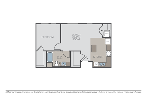 Floor plan for 1 bed, 1 bath, 714 sqft