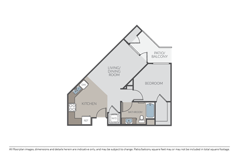 Floor plan for 1 bed, 1 bath, 672 sqft