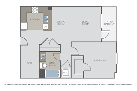 Floor plan for 1 bed, 1 bath, 892 sqft