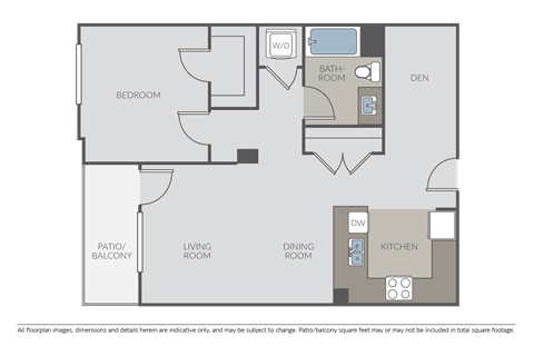 Floor plan for 1 bed, 1 bath, 982 sqft