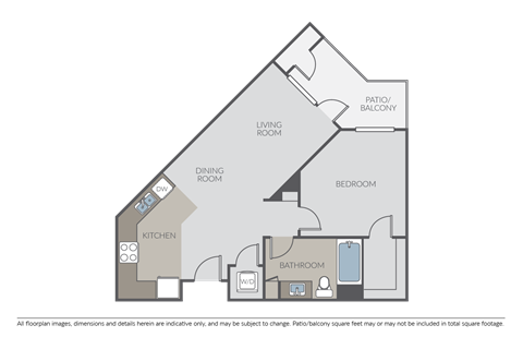 Floor plan for 1 bed, 1 bath, 666 sqft
