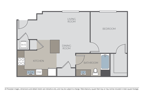 Floor plan for 1 bed, 1 bath, 731 sqft
