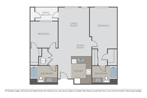 Floor plan for 2 beds, 2 baths, 1040 sqft