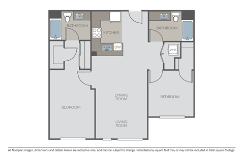 Floor plan for 2 beds, 2 baths, 1043 sqft