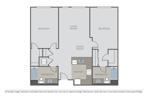 Floor plan for 2 beds, 2 baths, 1102 sqft