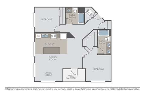 Floor plan for 2 beds, 2 baths, 1172 sqft