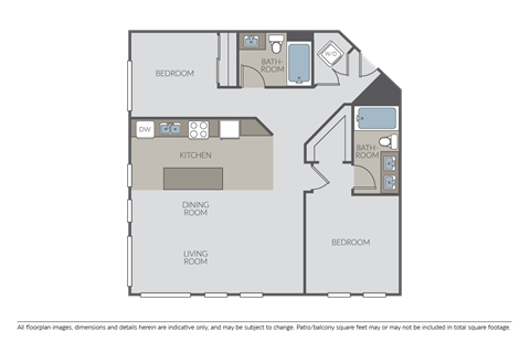 Floor plan for 2 beds, 2 baths, 1236 sqft