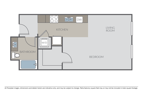 Floor plan for studio, 1 bath, 614 sqft