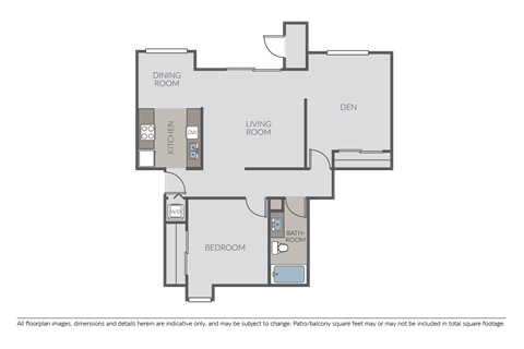 Floor plan for 1 bed, 1 bath, 880 sqft