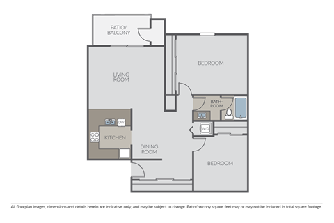 Floor plan for 2 beds, 1 bath, 945 sqft