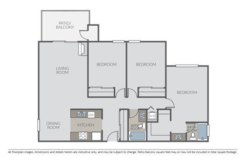 Floor plan for 3 beds, 2 baths, 1350 sqft