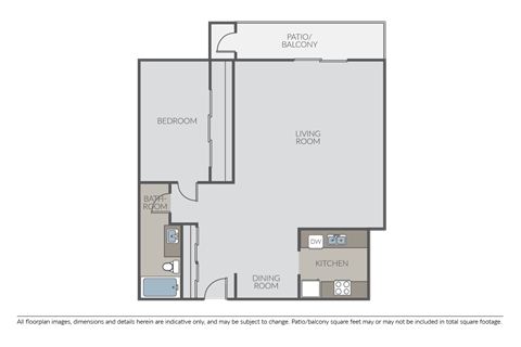 Floor plan for 1 bed, 1 bath, 840 sqft