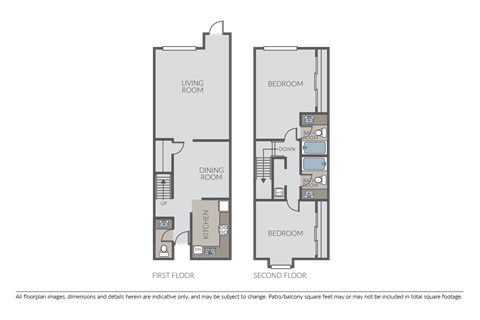 Floor plan for 2 beds, 2.5 baths, 1235 sqft