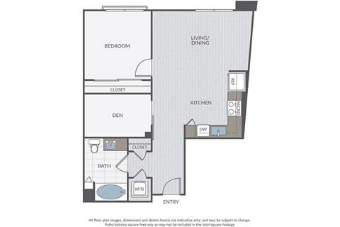 Floor plan for 1 bed, 1 bath, 784 sqft